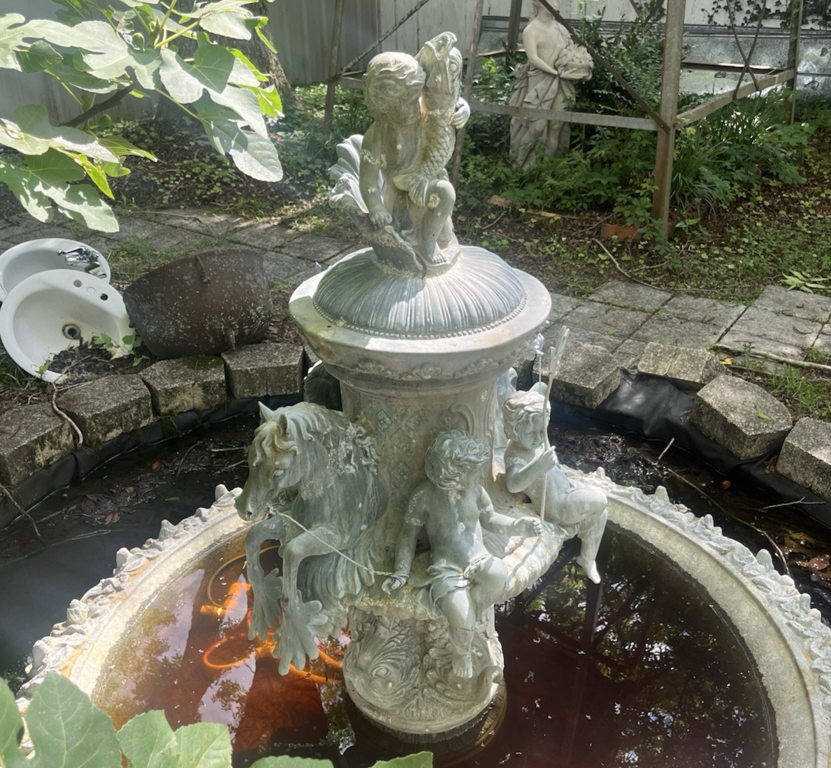 Antique Bronze Ornate Cupids and Horses Water Fountain 57" x 32" NO BASIN PB21