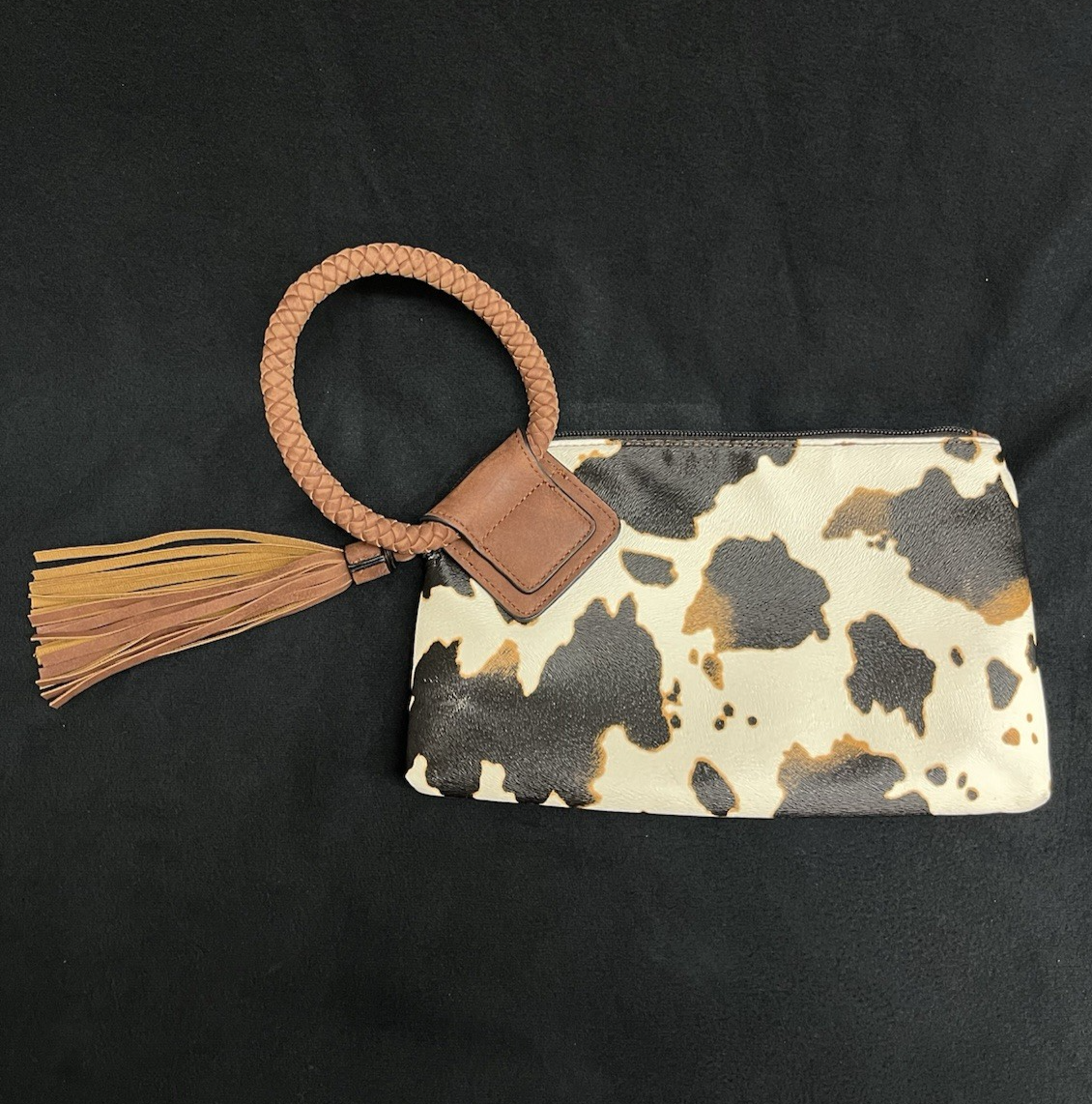 Cow Print Tassel Hand Clutch with Braided Bangle 10.75"