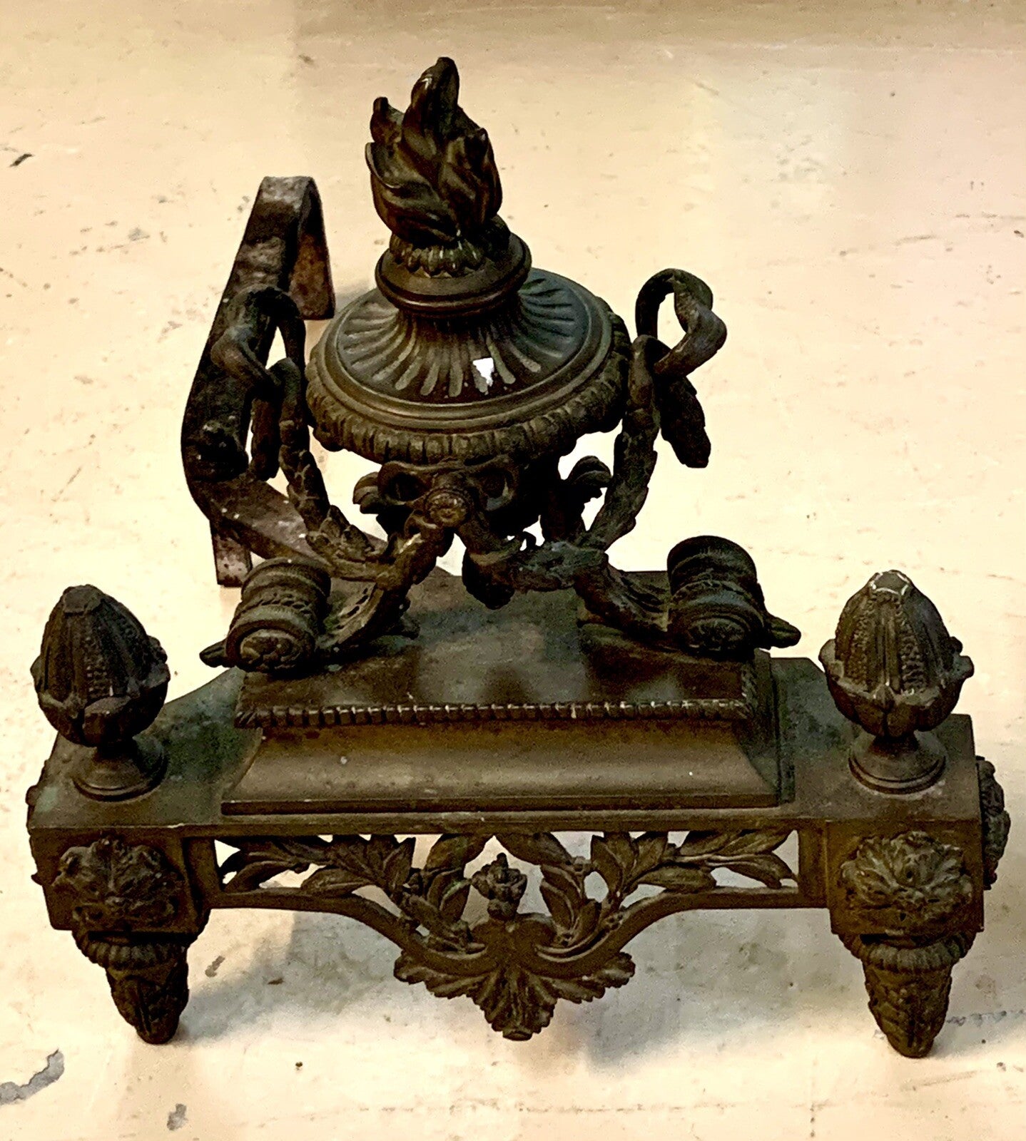 Pair Antique French Bronze Louis XVI Style Chenets Andirons Fireplace Fire Dogs