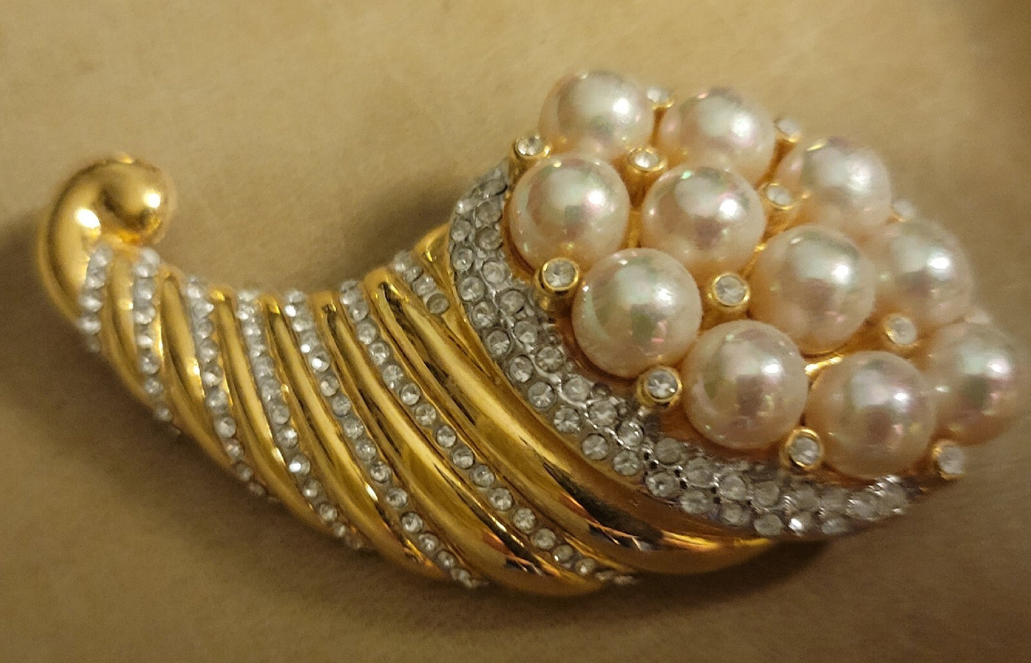 Beautiful Nolan Miller Glamour Collection Jewelry Pearl Gold Cornucopia Brooch