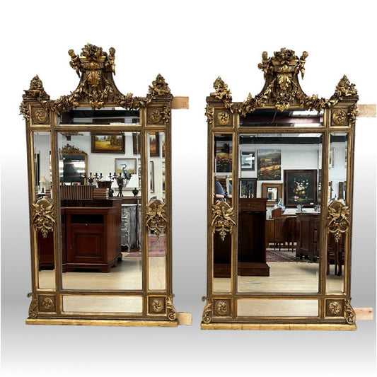 81" X 46" PAIR OF PALATIAL LOUIS XVI STYLE GILT GOLD PARCLOSE PIER WALL MIRRORS