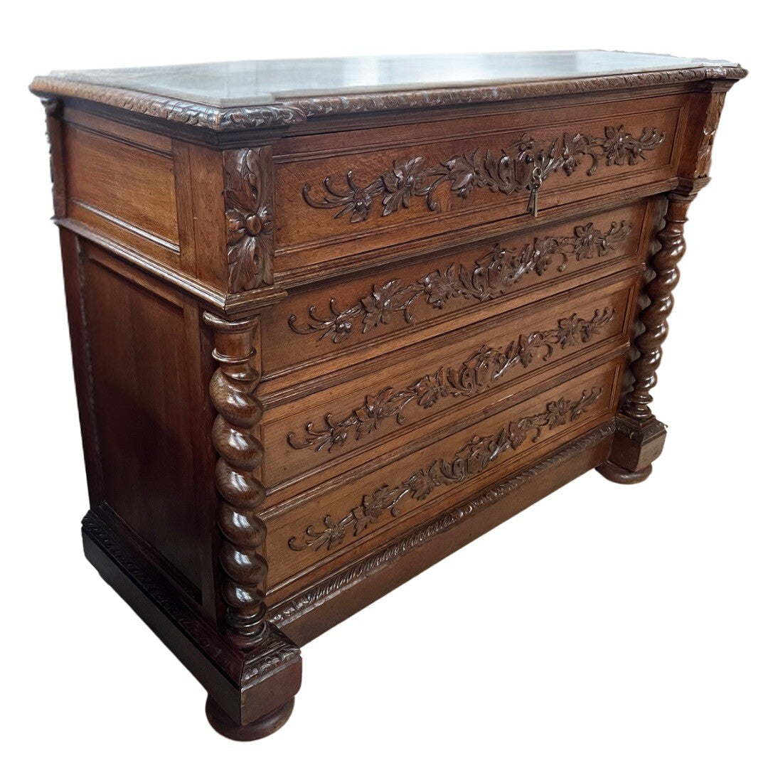 FRENCH RENAISSANCE REVIVAL MARBLE-TOP CARVED OAK COMMODE