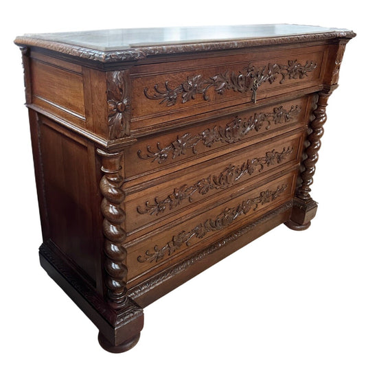 FRENCH RENAISSANCE REVIVAL MARBLE-TOP CARVED OAK COMMODE