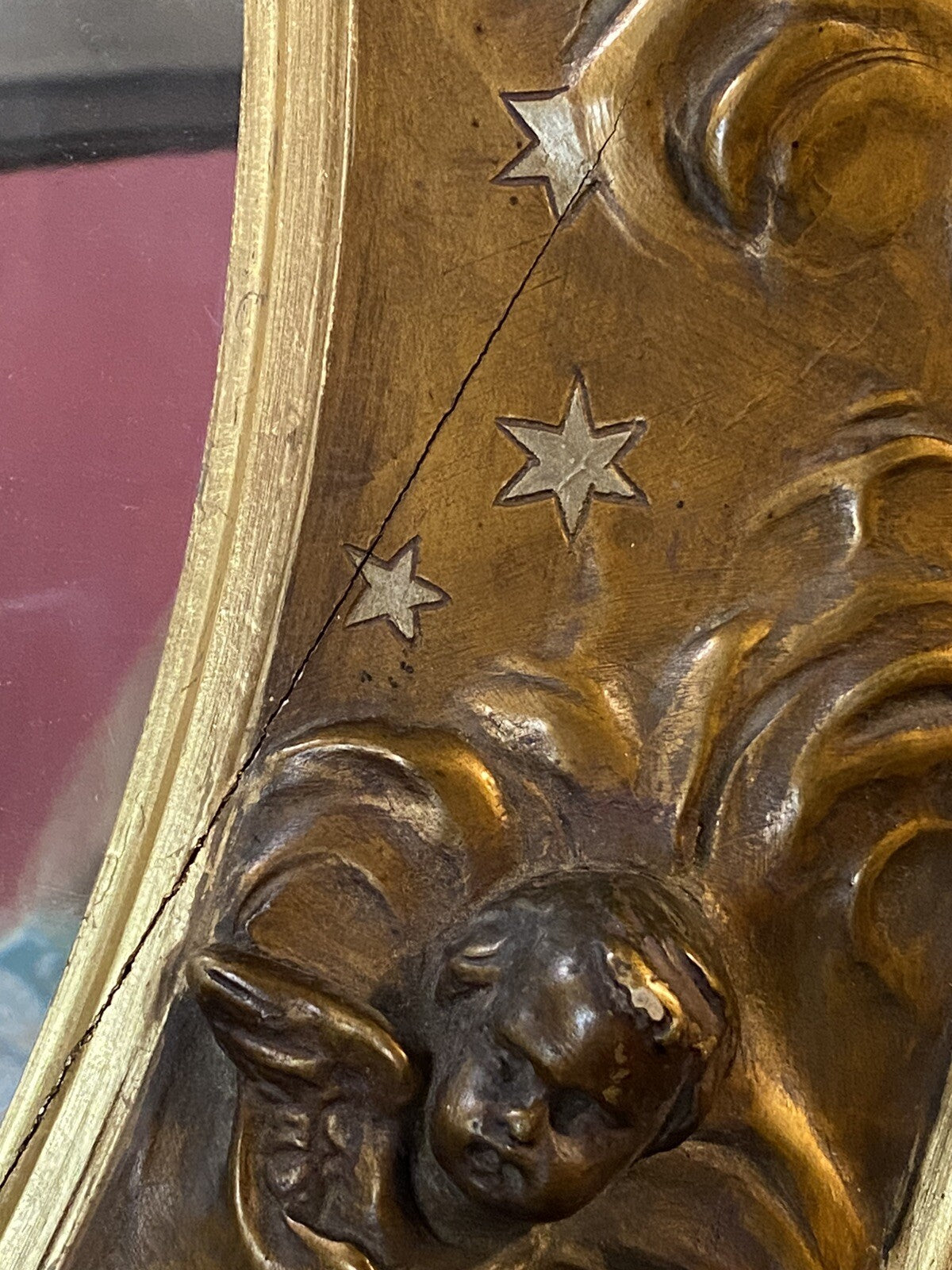 Antique Victorian Gold Oval Mirror w/ Cherub Faces and Wings