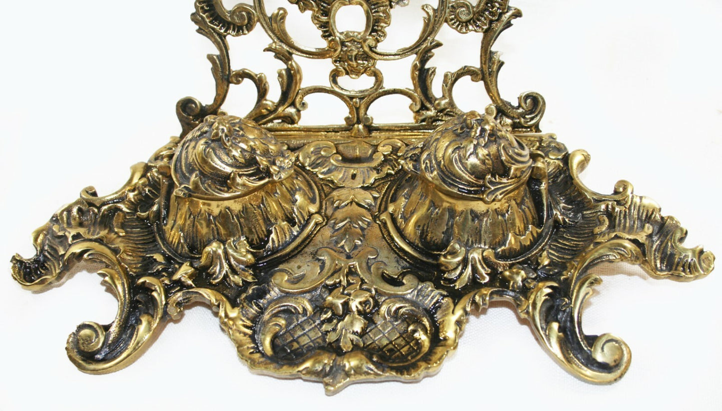 Antique Brass Desk Set 2 Ink Wells w Hinged Lids all works fine  13.5" wide