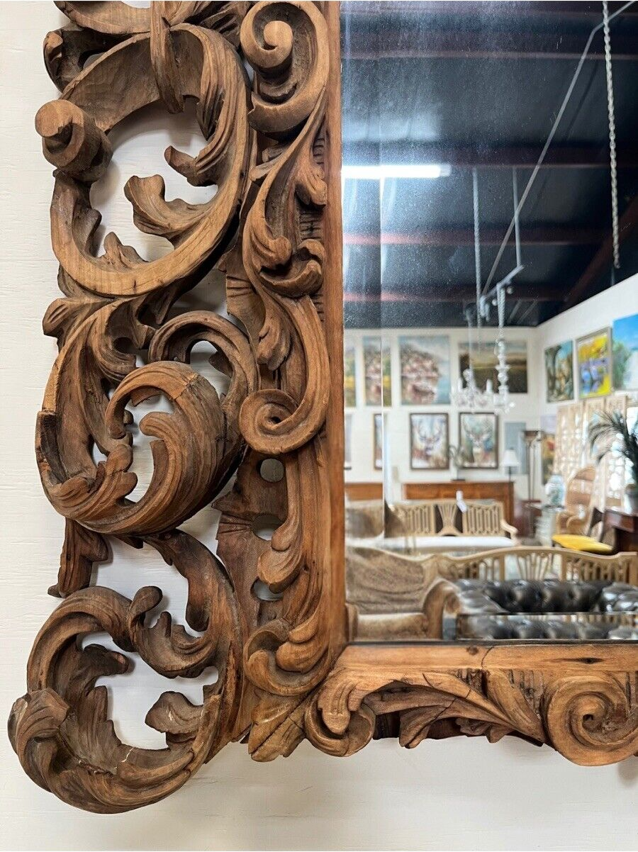 ORNATE BAROQUE STYLE SCROLLED FOLIATE CARVED MIRROR, 46"H