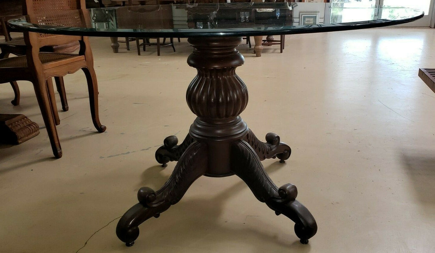 4 ft round Glass Top Table w Carved Mahogany Pedestal Base Great Foyer Breakfast
