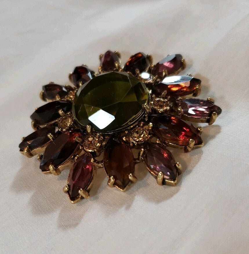 Vintage Signed Monet Topaz+ Green Rhinestone Round Brooch Flower Pin