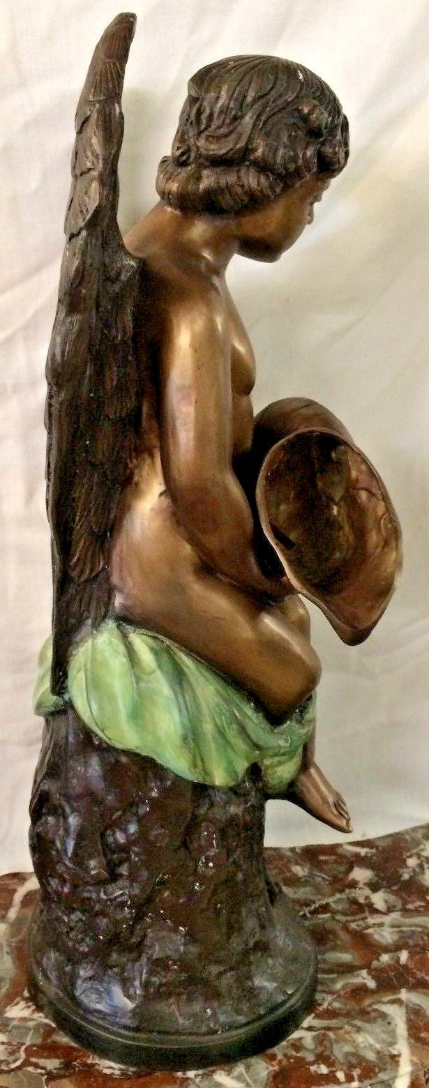 Bronze Cherub w Wings Angel Holding a Conch Shell Tabletop  Fountain H 27"