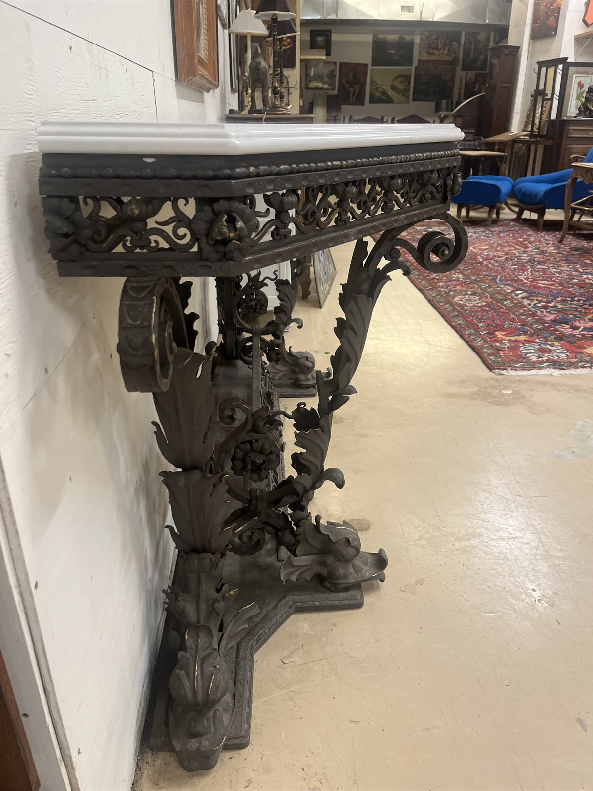 ANTIQUE ITALIAN VENETIAN WROUGHT IRON CONSOLE SIDEBOARD W/ WHITE QUARTZ TOP 105”