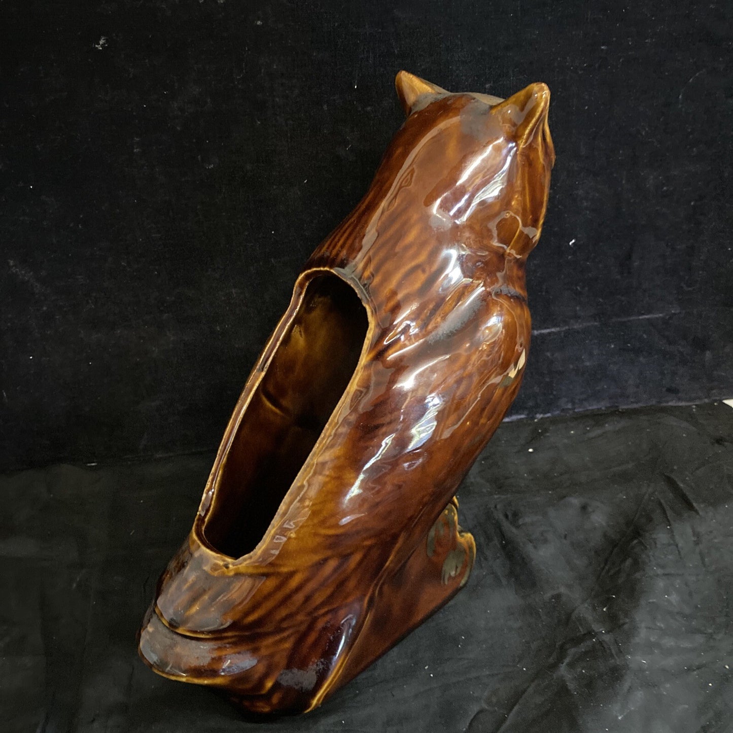 VTG Ceramic Brown & Gold Tone Owl Planter