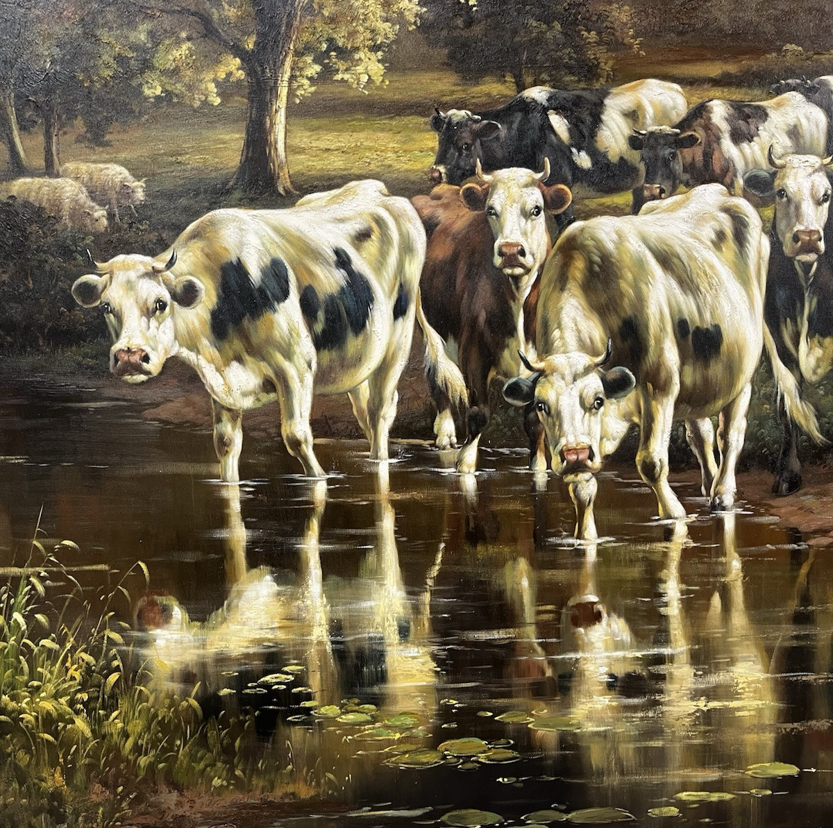 Large Agricultural Pastoral Cows Grazing Oil On Canvas Painting 58" x 70" CL6