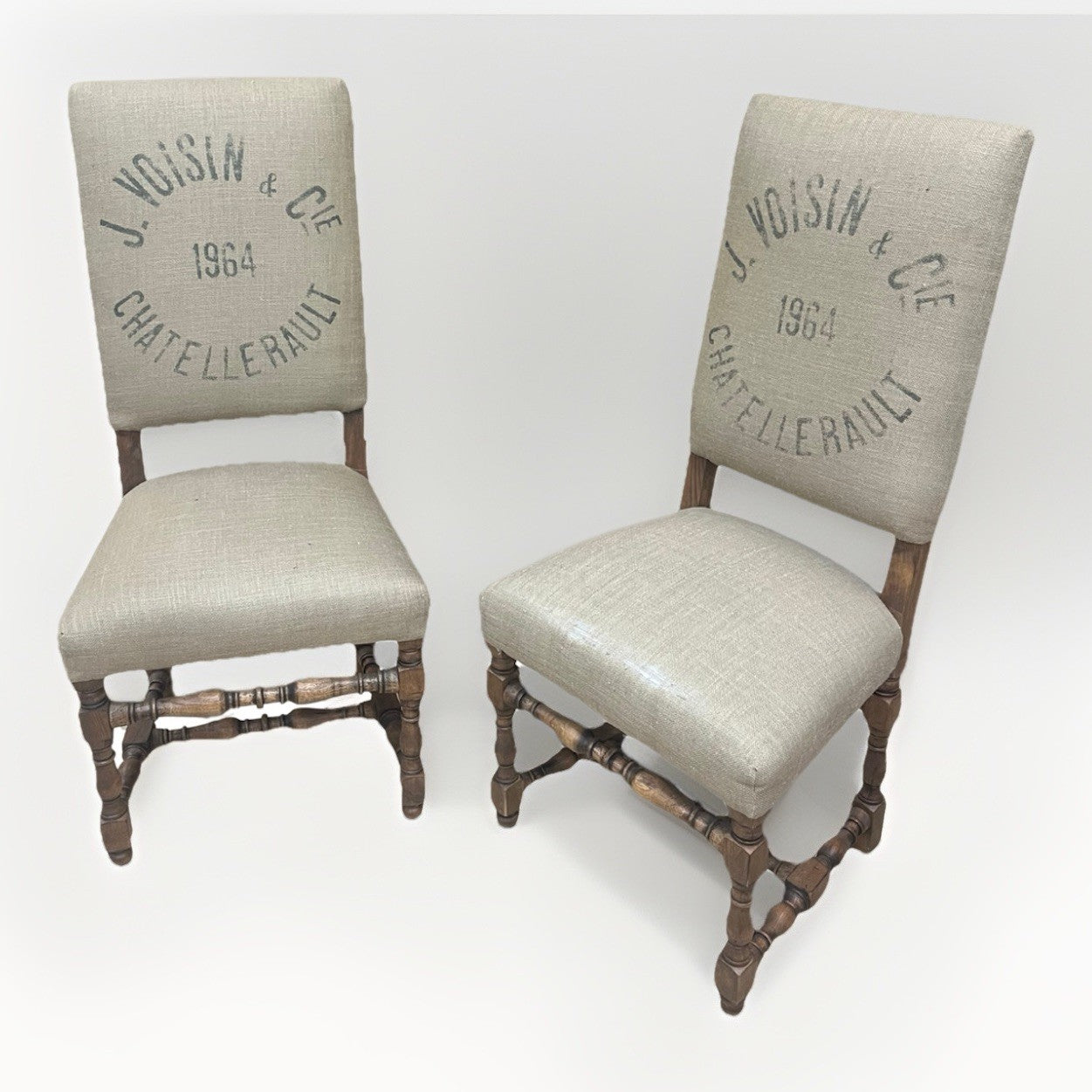 PAIR OF RESTORATION HARDWARE '1890 ENGLISH BAROQUE' BURLAP HIGHBACK CHAIRS