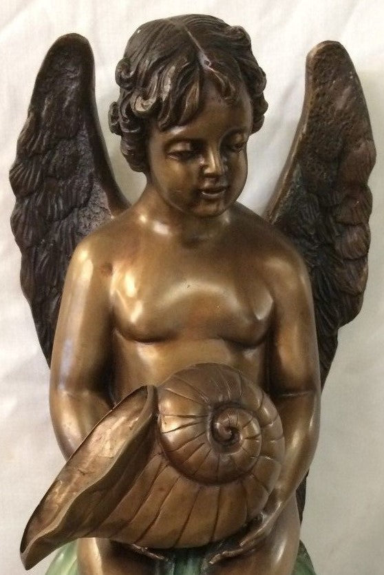 Bronze Cherub w Wings Angel Holding a Conch Shell Tabletop  Fountain H 27"