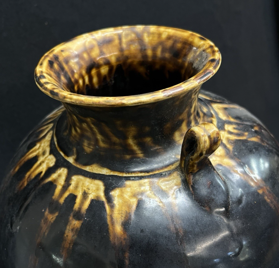 Midcentury Burmese Martaban Brown Drip Glaze Stoneware Vase 17"