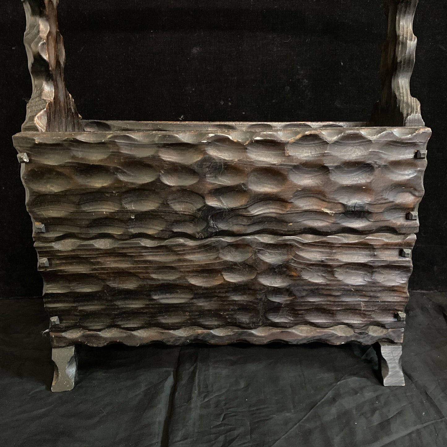 Spanish Brutalist Carved Wood Magazine Rack Vintage Farmhouse Lodge Rustic