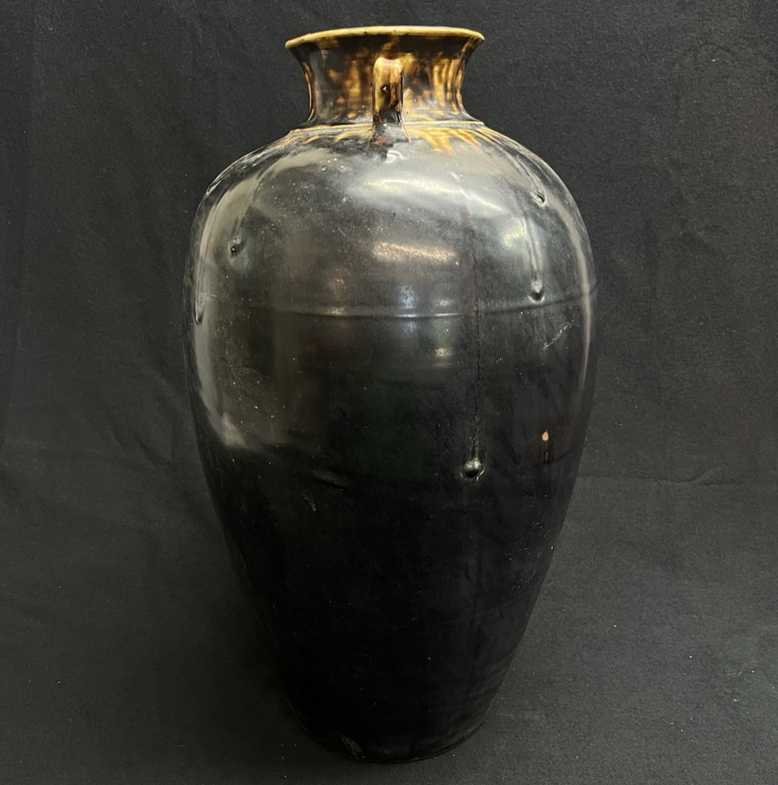 Midcentury Burmese Martaban Brown Drip Glaze Stoneware Vase 17"