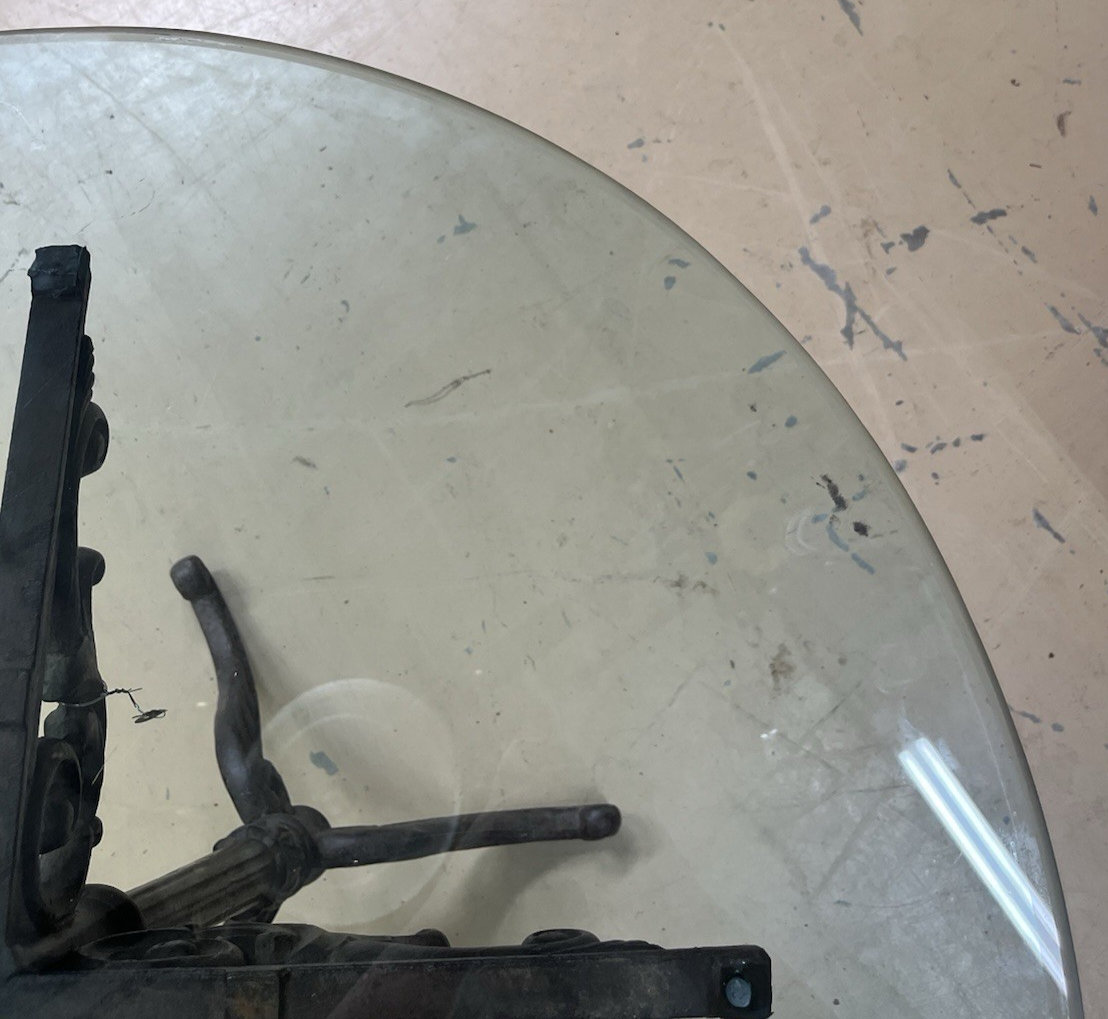 ANTIQUE FRENCH CAST IRON BISTRO/ PUB STYLE PEDESTAL TABLE W/ GLASS TOP