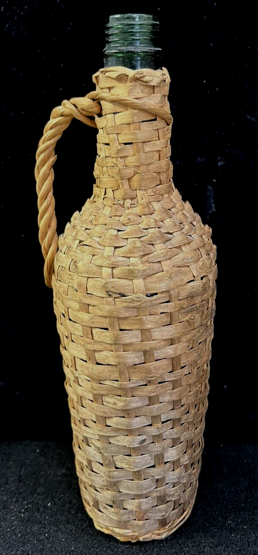 FRENCH ANTIQUE DEMIJOHN WICKER BOTTLE 11", GREEN GLASS, MADE IN FRANCE