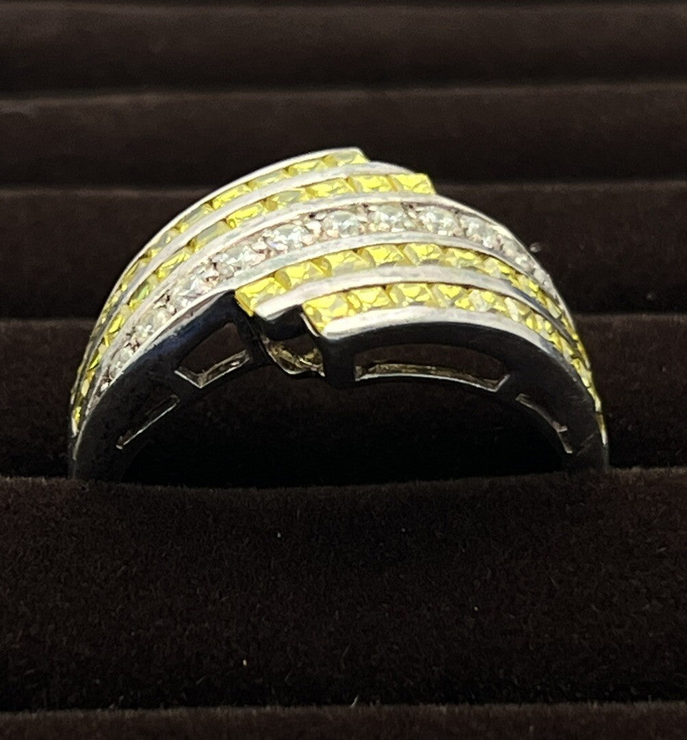 925 Sterling Cz & Yellow Citrine Gemstone Ring 5.3g sz 9.75