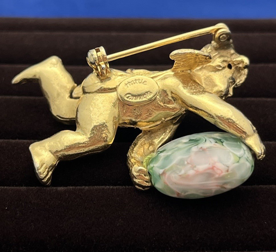 Rare Hattie Carnegie Cherub Brooch Pin Clutching lg Oval Faux Swivel Stone 1950