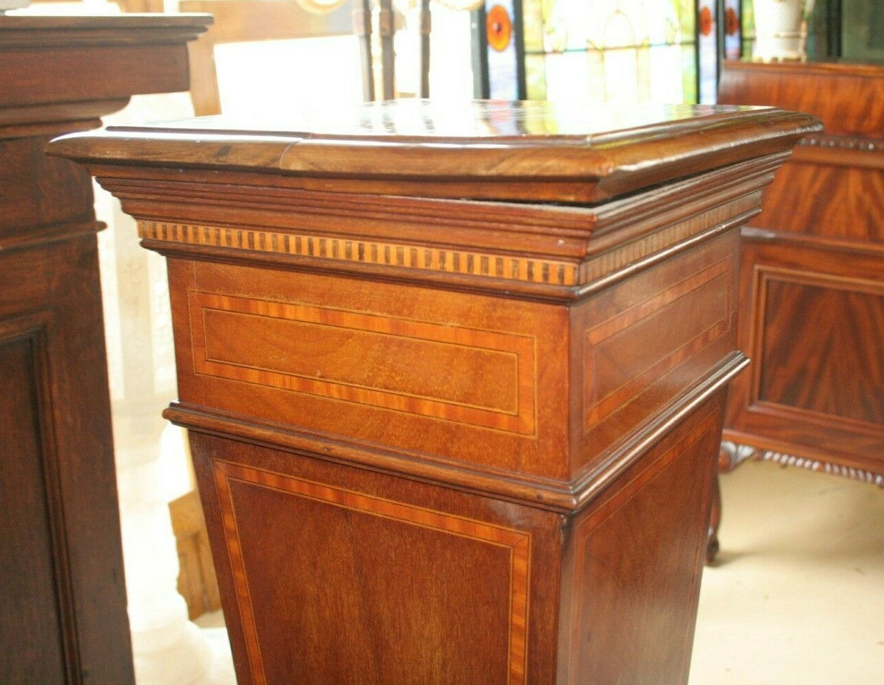 Antique Walnut French Pedestal Display Inlaid H 47" x 13.5" Square Top