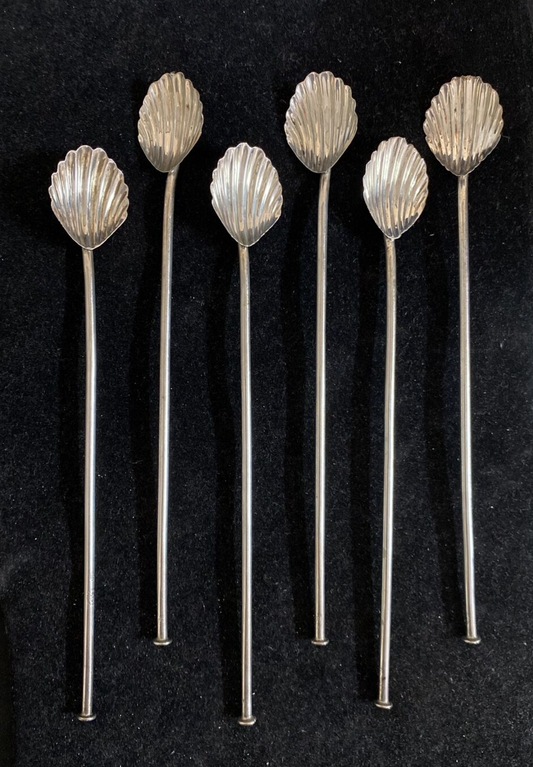 Vintage set 6 Mexico Sterling Silver Sipper Straws Cocktail Spoons Barware 10.6g
