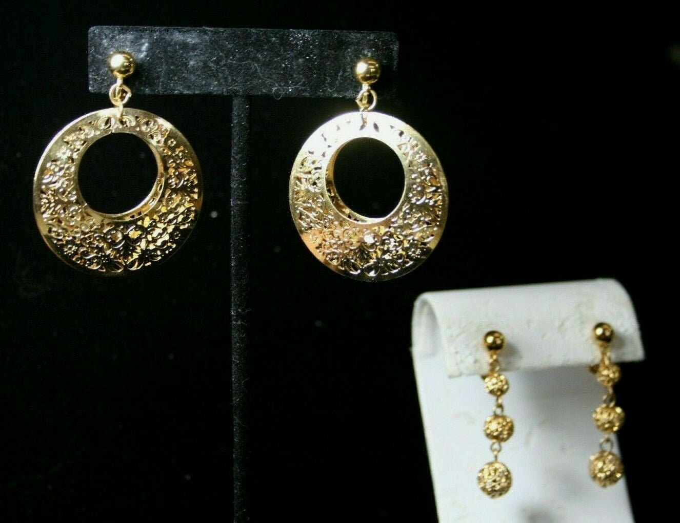 Two Pair  Vintage Trifari Gold Plated Clip Earrings Filigree Hoop & Dangles