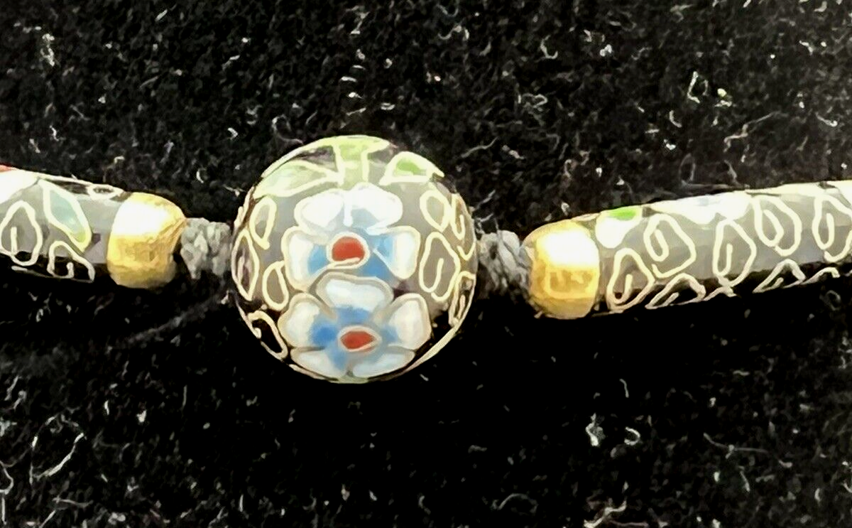 Antique Handmade 30" Cloisonne Necklace Hand Painted Black Enamel Floral Design