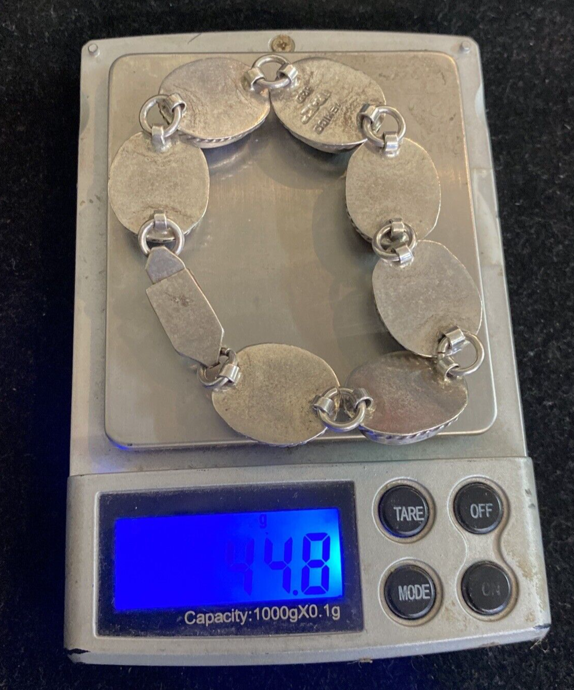 Mexican Sterling 7 Oval Links Gemstone Bracelet 7.5"  turqouise, coral 44.8g