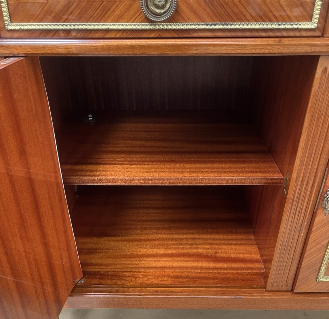 FRENCH LOUIS XVI MARBLE-TOP LACQUERED MARQUETRY DEMILUNE ENFILADE SIDEBOARD 105"