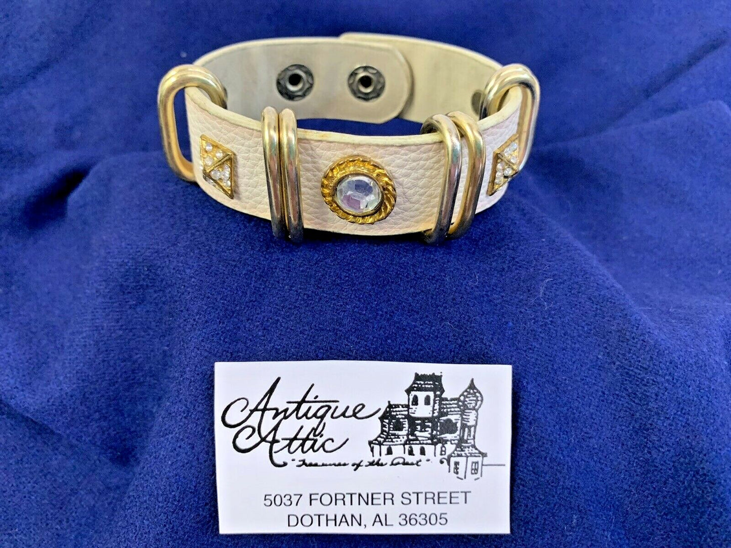 Yik Fung Genuine Leather Clear Rhinestone Studded Gold Tone Snap Bracelet