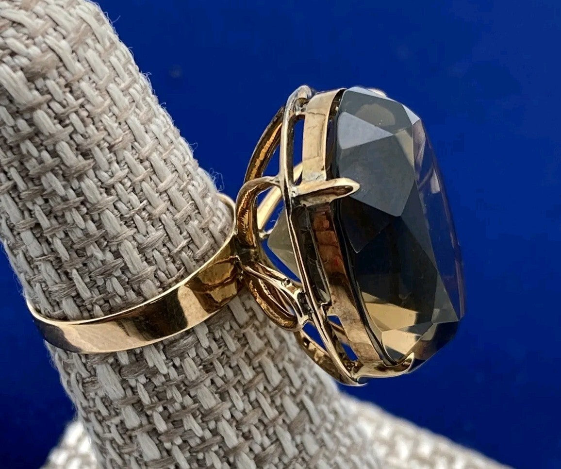 1960's 14K Yellow Gold Large Smoky Topaz Ring Size 6 9.4g