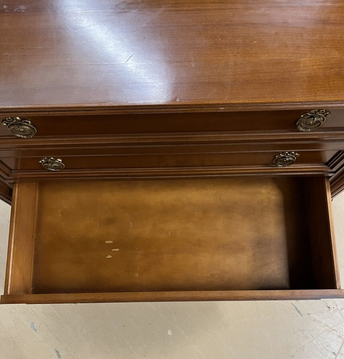 French Louis XVI Cherry Three Drawer Chest Of Drawers Brass Ormolu Pulls 43”