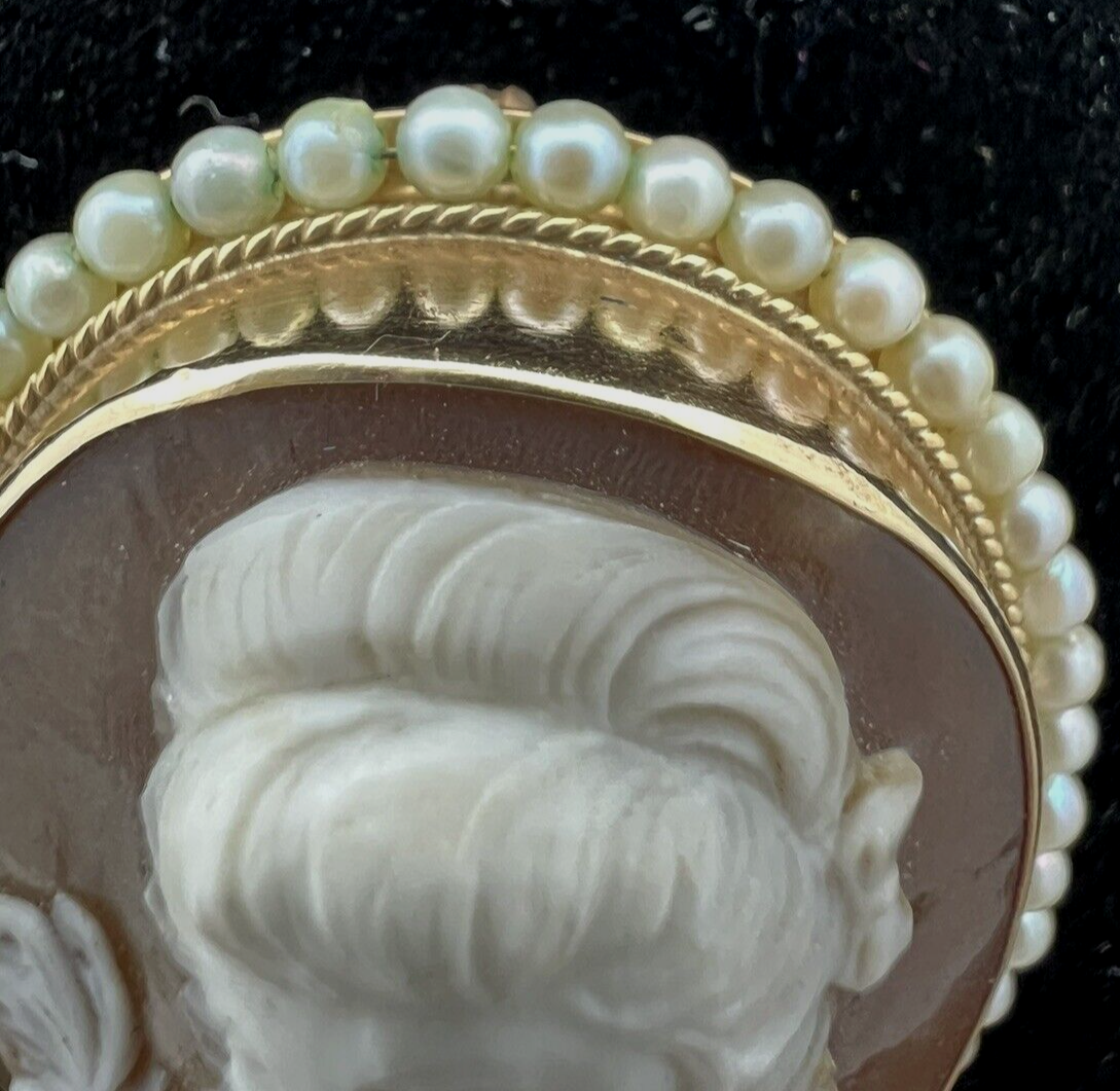 Victorian Shell Cameo Pendant Brooch 14K seed Pearls Full Face 1800's