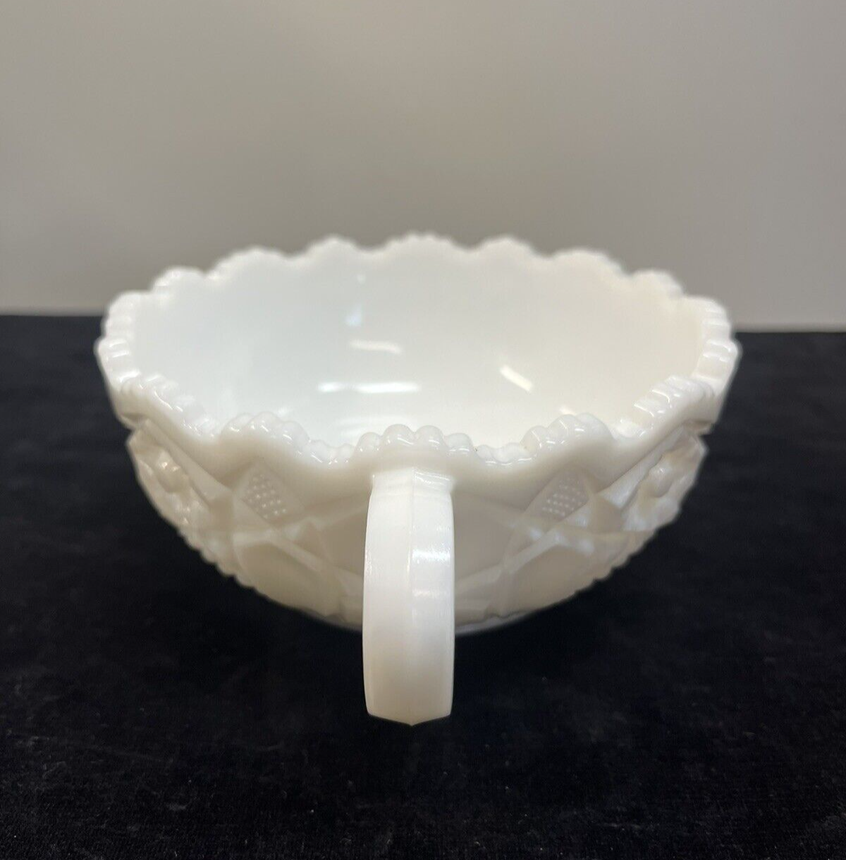 Nappy Bowl with Handle White Milk Glass L E Smith Quintec Pattern