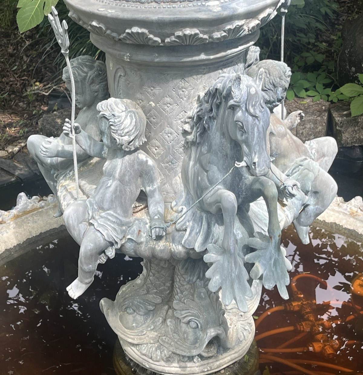 Antique Bronze Ornate Cupids and Horses Water Fountain 57" x 32" NO BASIN PB21