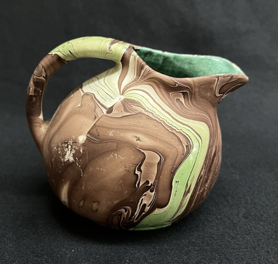 Vintage Nemadji Dessert Pottery Brown and Green Swirl Creamer Glazed Interior