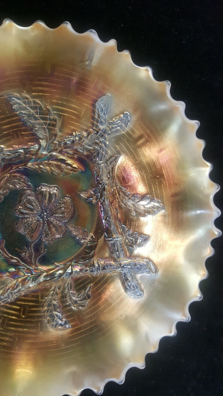 Antique Vintage Apple Blossom Twigs Marigold Carnival Glass Dugan Plate 1900s