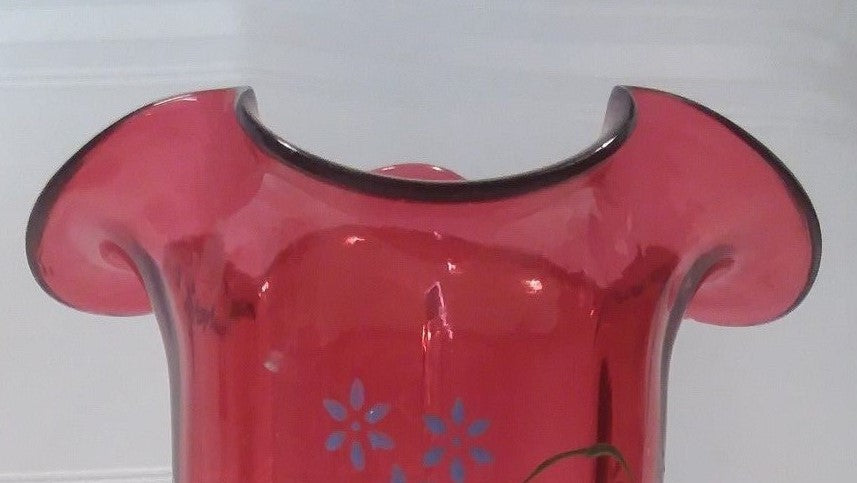 Antique Victorian  Cranberry Glass 9.5" Pitcher  Enameled w Yellow Tulip 100+yrs