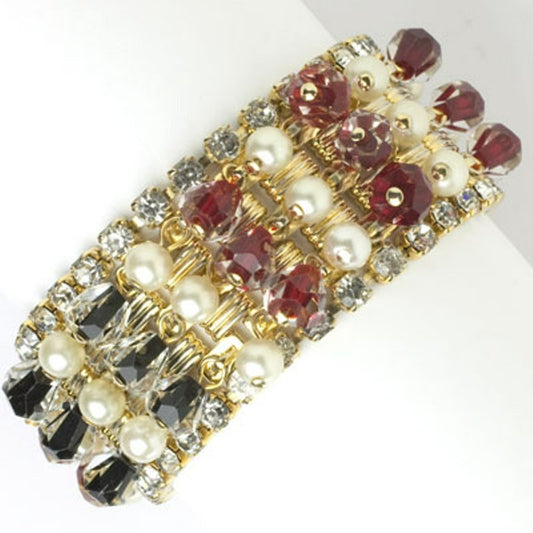 HOBE Ruby Onyx Pearl Diamanté & Gold Dangling Bracelet 1950's Hollywood Bling