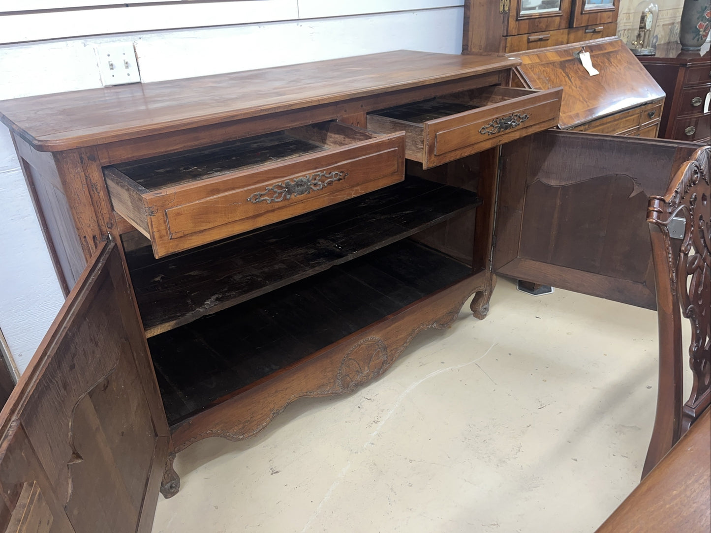 Antique French Provincial Louis XV Carved Cherry Sideboard Chest Cabinet Server