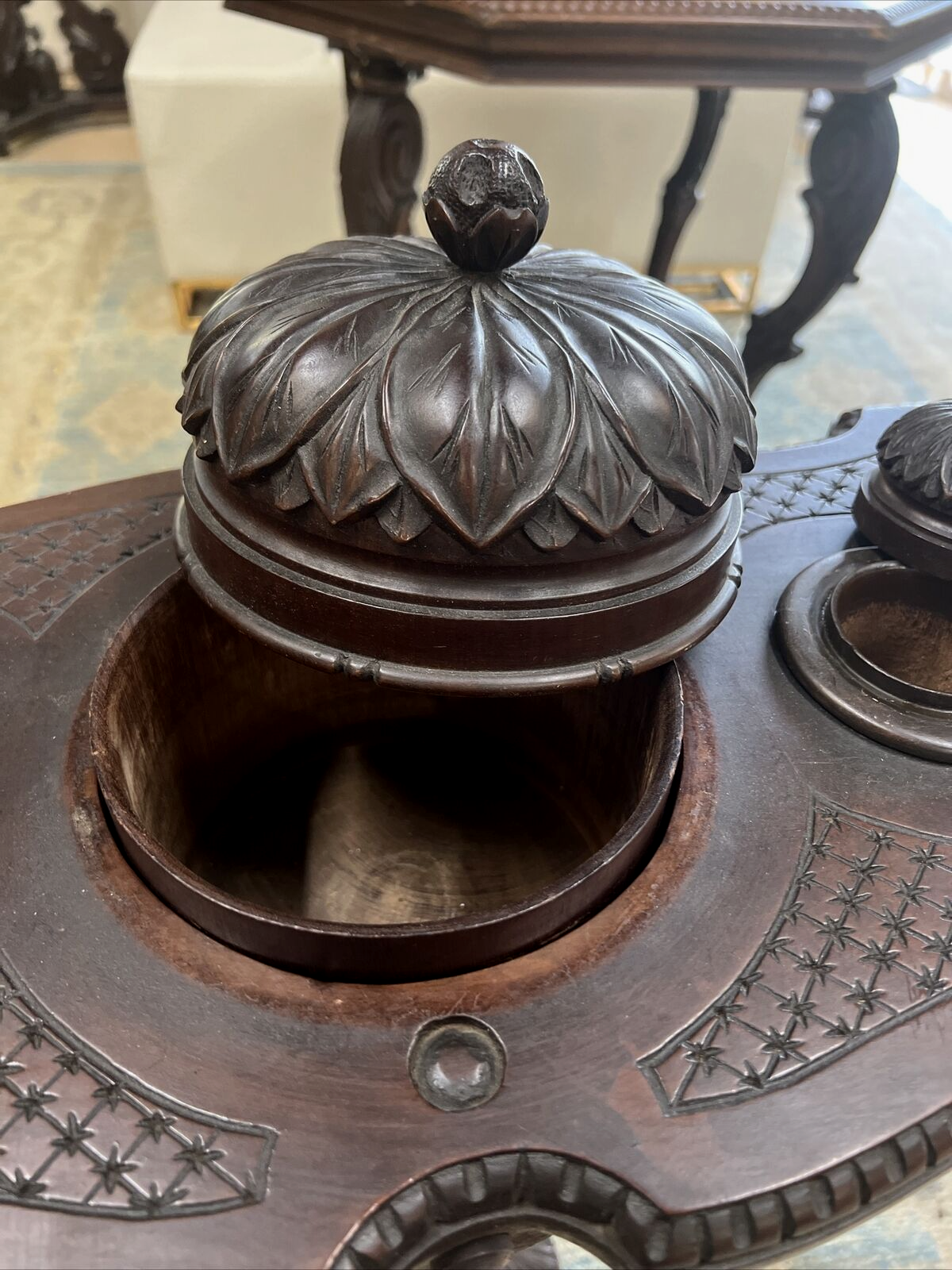 Antique German Carved Swivel Smoking Stand Black Forest Style Pipe Cigar Tobacco