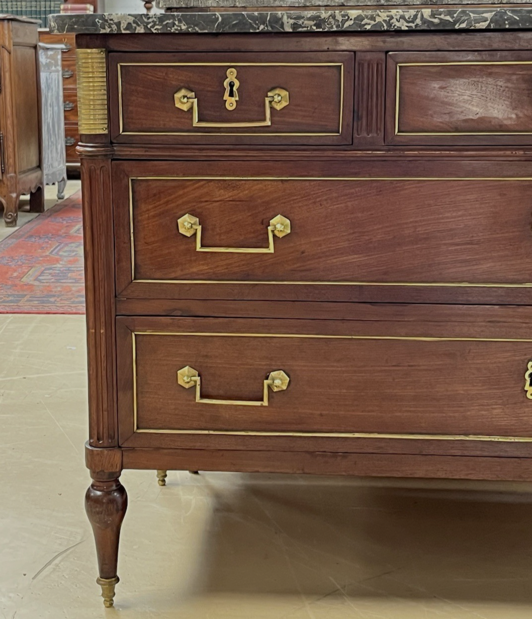 ANTIQUE FRENCH LOUIS XVI 5-DRAWER MAHOGANY COMMODE CHEST w/ GREY MARBLE TOP