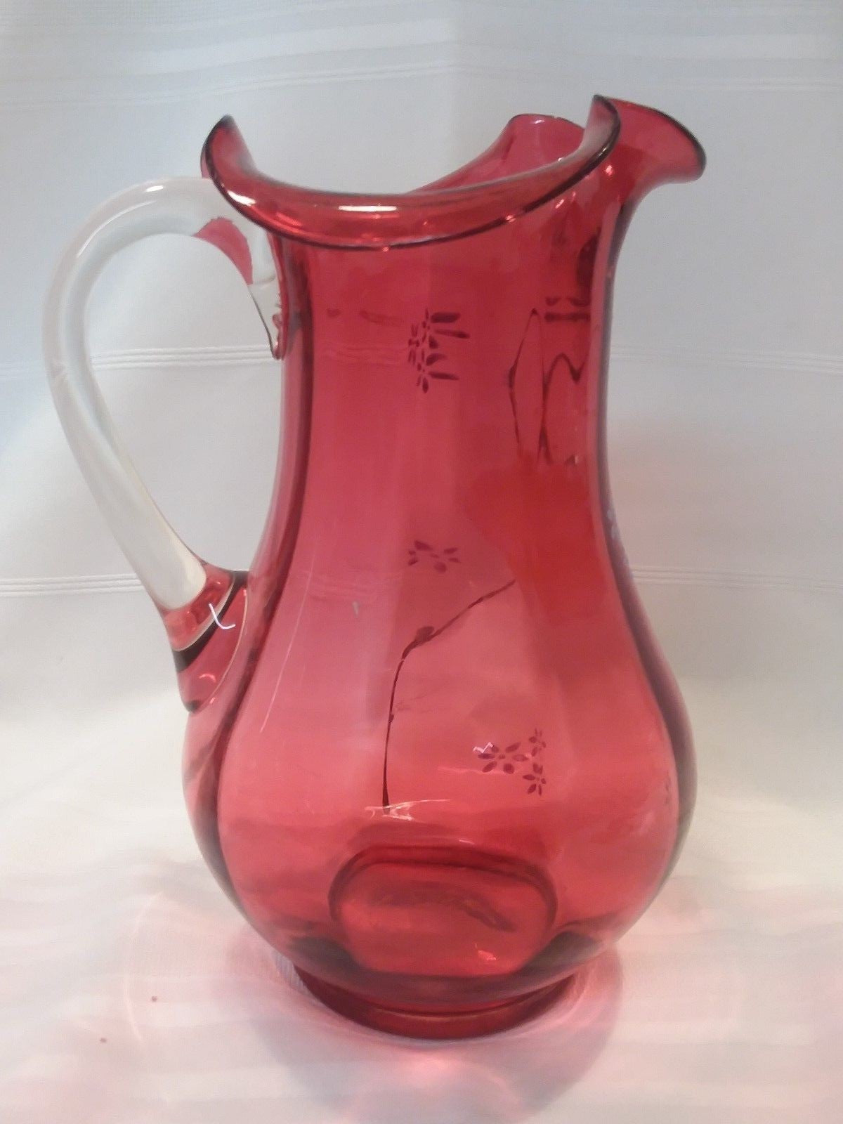 Antique Victorian  Cranberry Glass 9.5" Pitcher  Enameled w Yellow Tulip 100+yrs