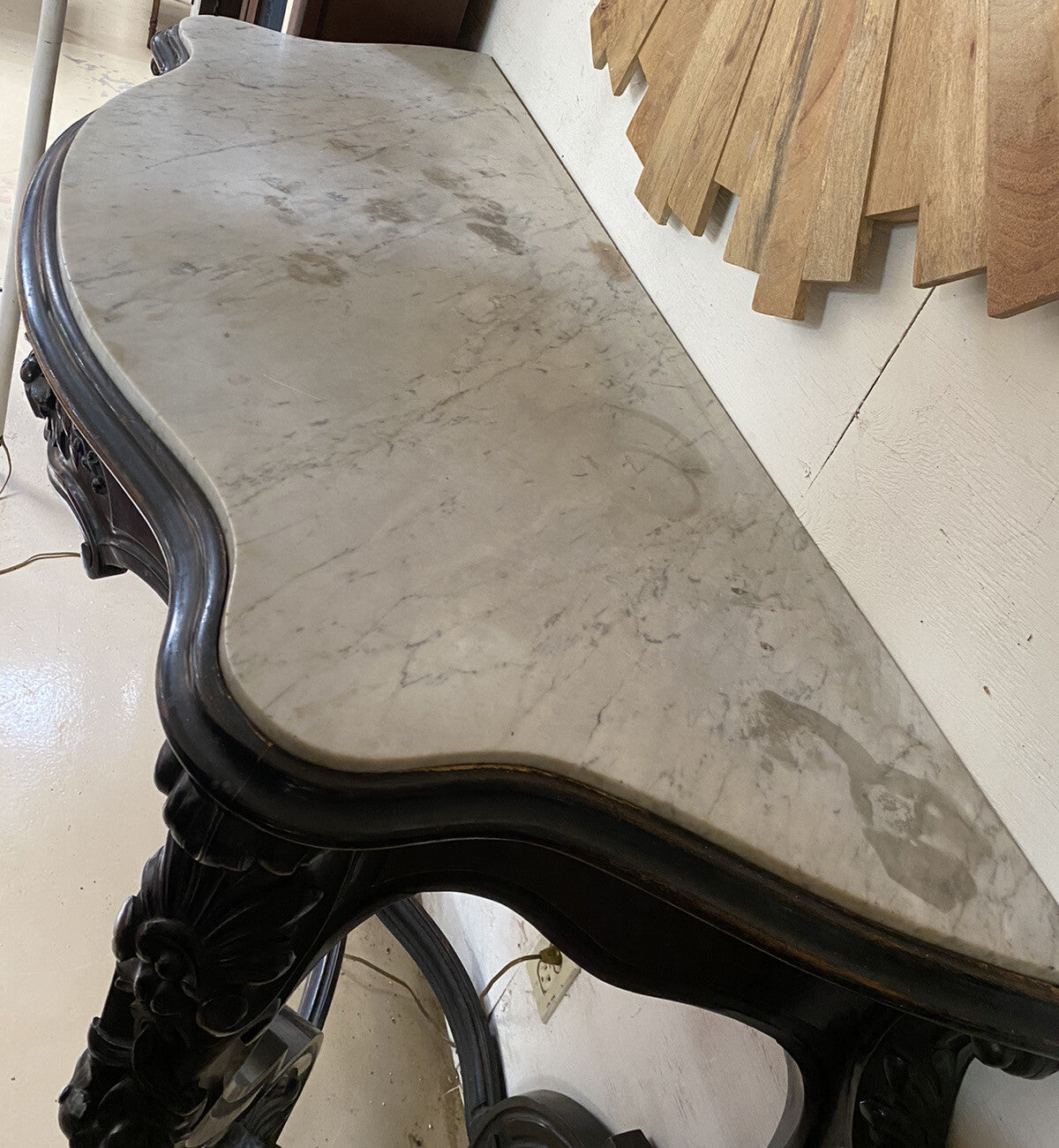 Antique French Louis XV Ebonized Bowfront Console Table w/ White Marble Top