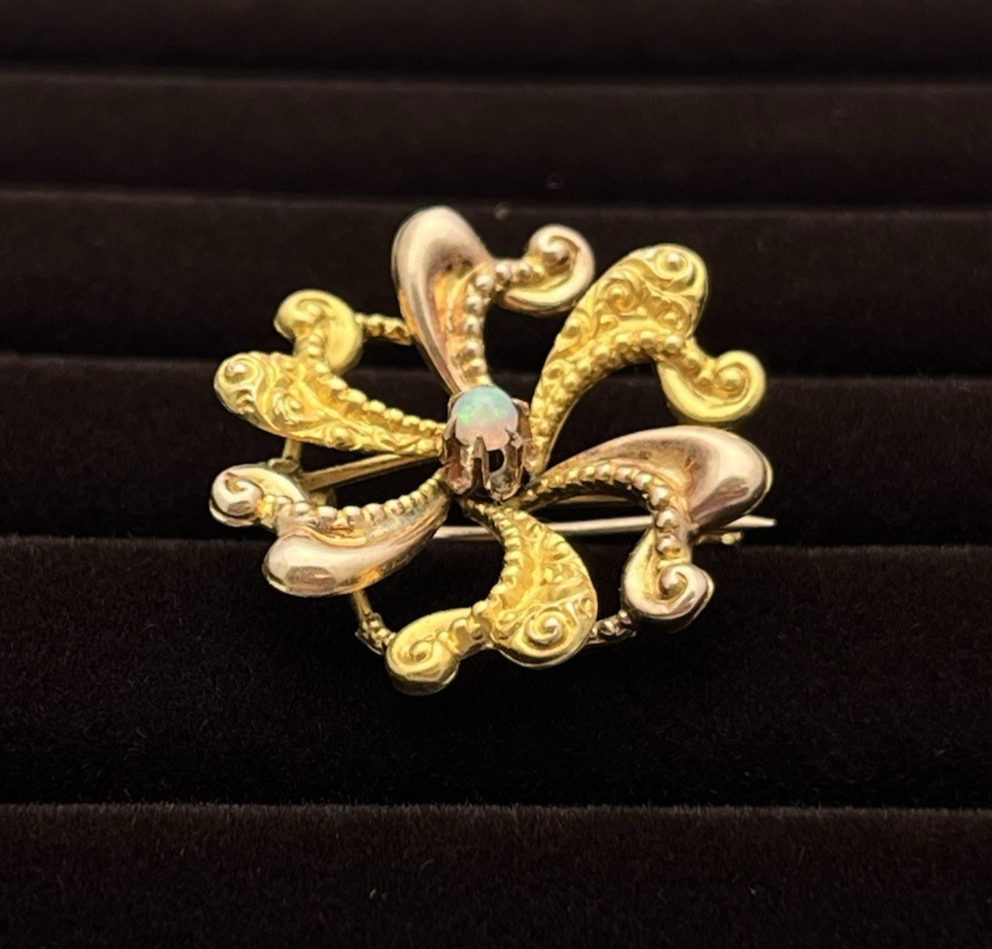 10k Two-Tone 1.83g Yellow Gold Flower Opal Center Victorian Watch Pin/Brooch
