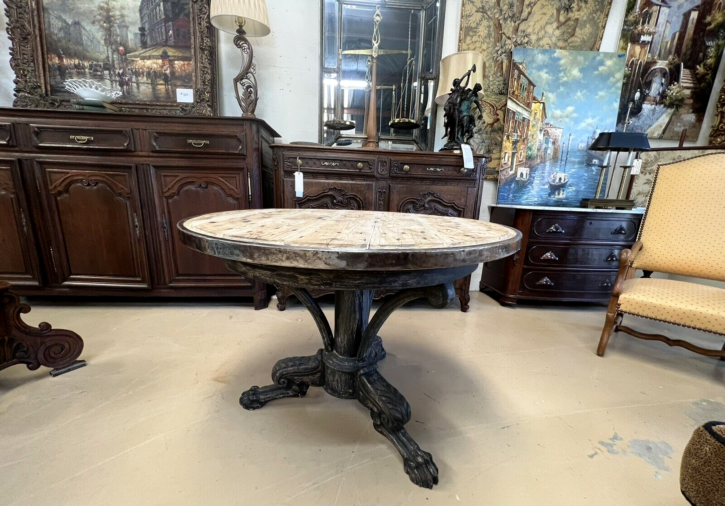 French gueridon table with planked top with stainless edge