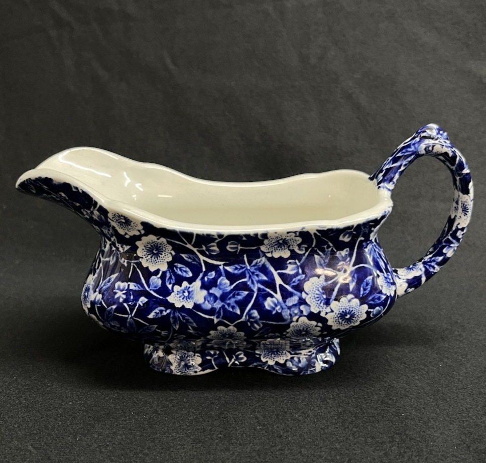 Blue Calico Crownford Staffordshire China Gravy Boat 7"