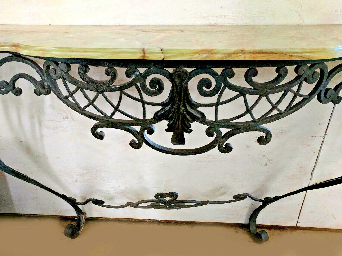 Antique French Rococo Style Scrolled Iron Console W61" Marble Onyx Attaches Wall